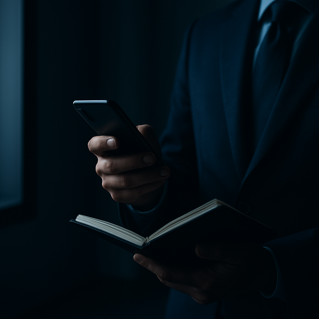 商談中のビジネスパーソンの手元。スマートフォンとノートを使い営業活動を進めている