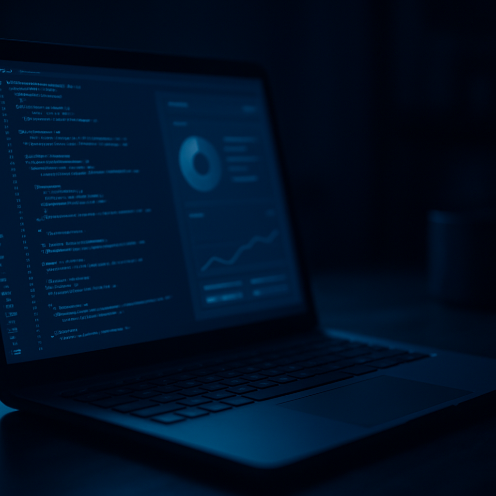 夜のデスクで光る開発用ノートパソコンの画面。コードとダッシュボードUIが表示されている
